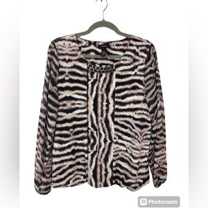 Alfani Blouse Top Embellished Neckline Silver Elastic Sleeves Blousy Hem Lined